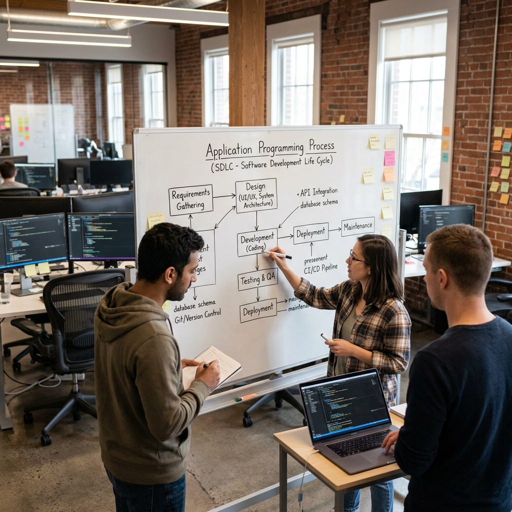 Team reviewing the application programming process on a whiteboard